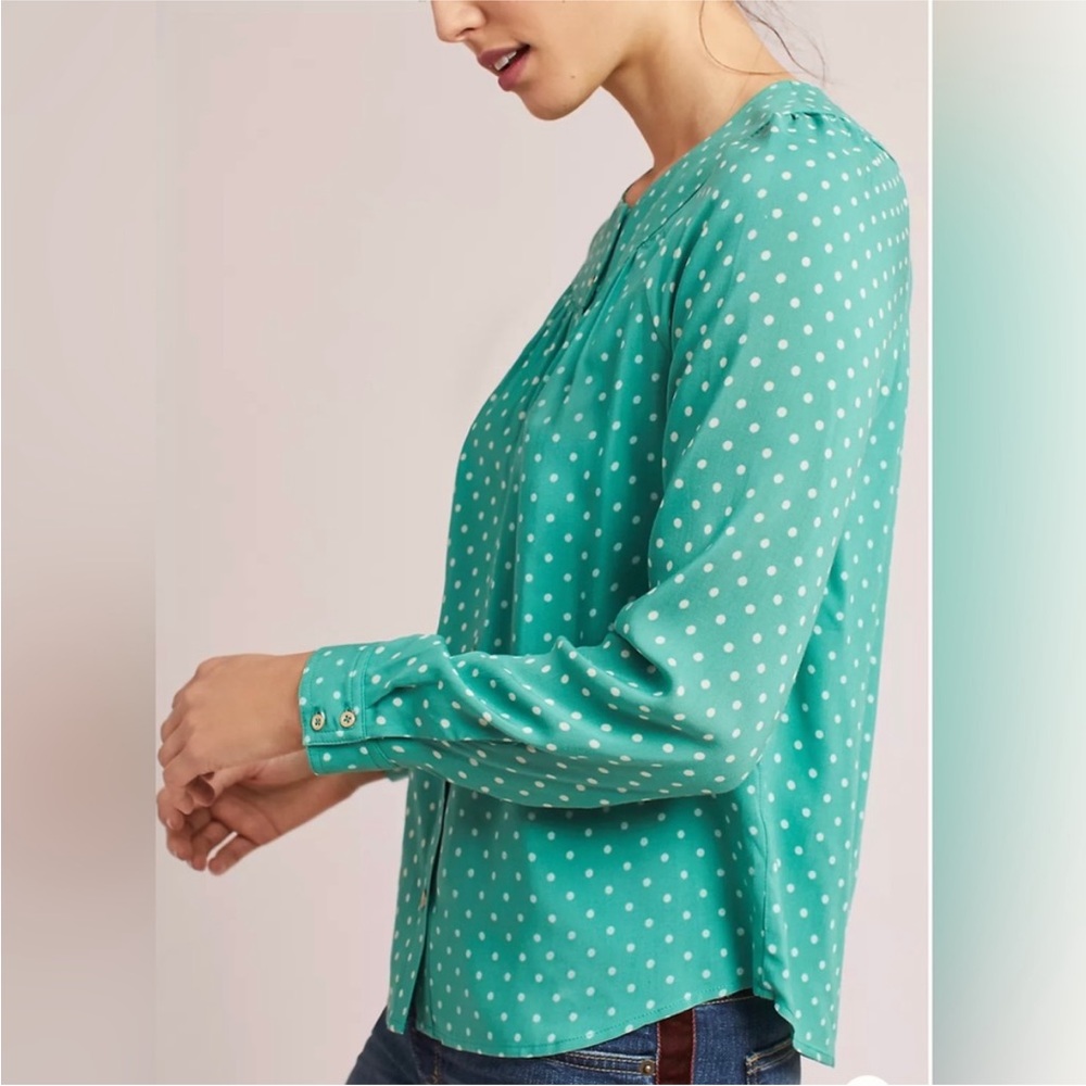 Anthropologie Maeve Teal Polka Dot Asbury Printed Button Down Blouse Size Small - Picture 2 of 11